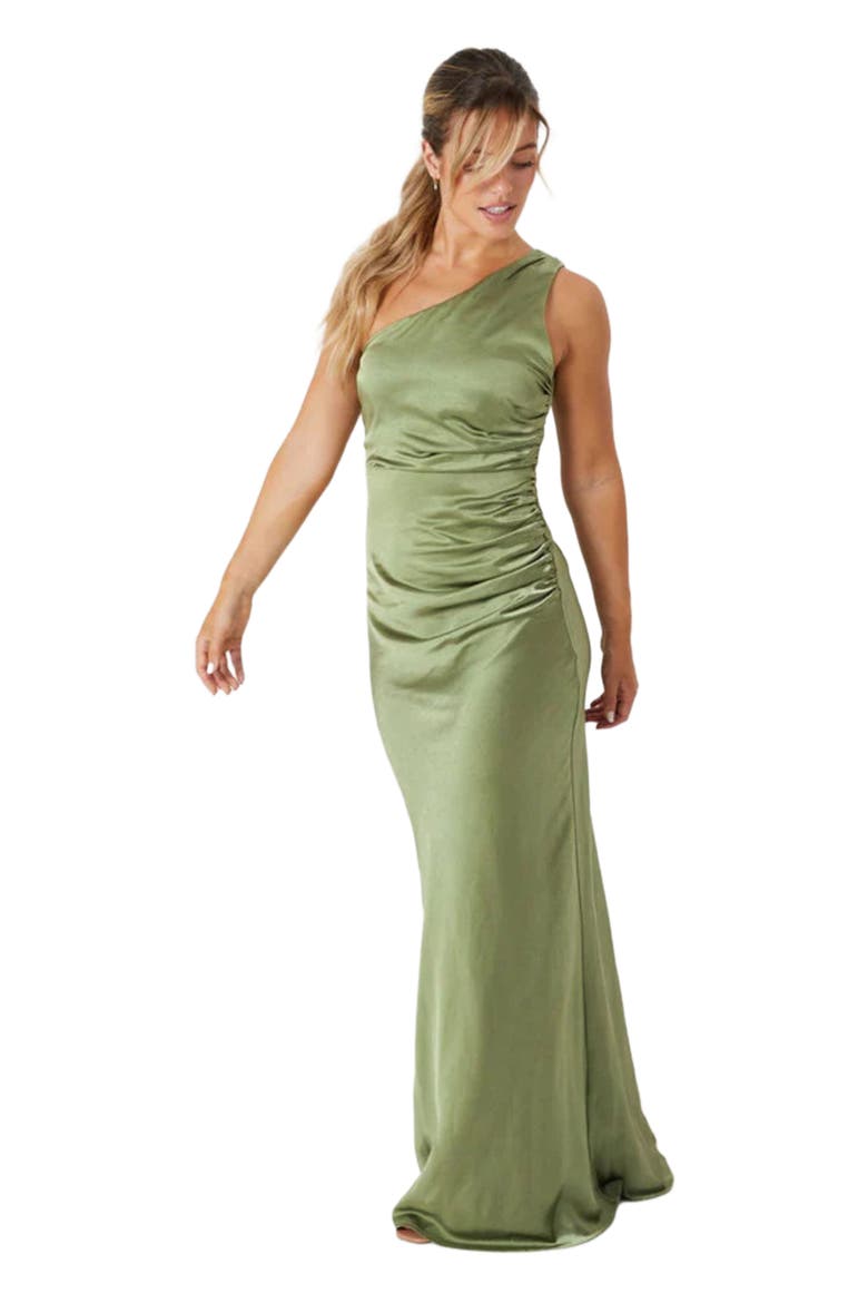 One Shoulder Satin Bridesmaid Dress, Alternate, color, Moss Green