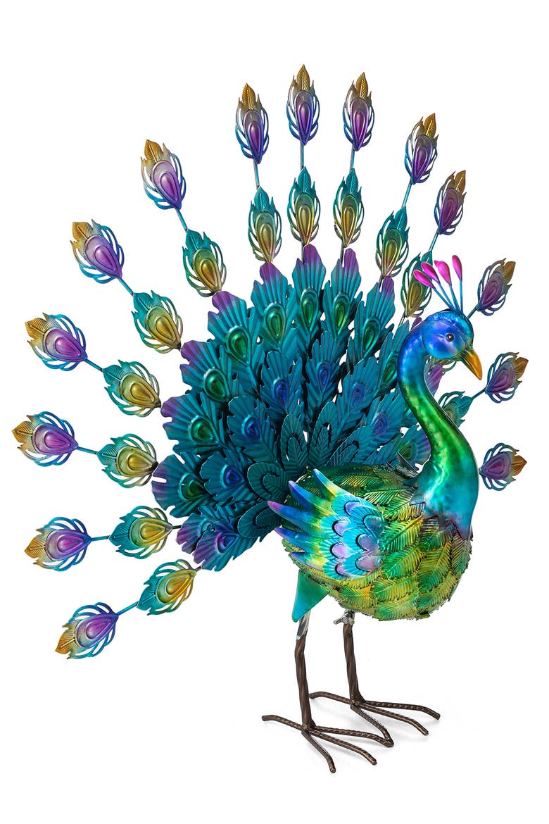 28.75"W Metal Peacock Tail Spread Garden Statue with Stakes, Alternate, color, Blue