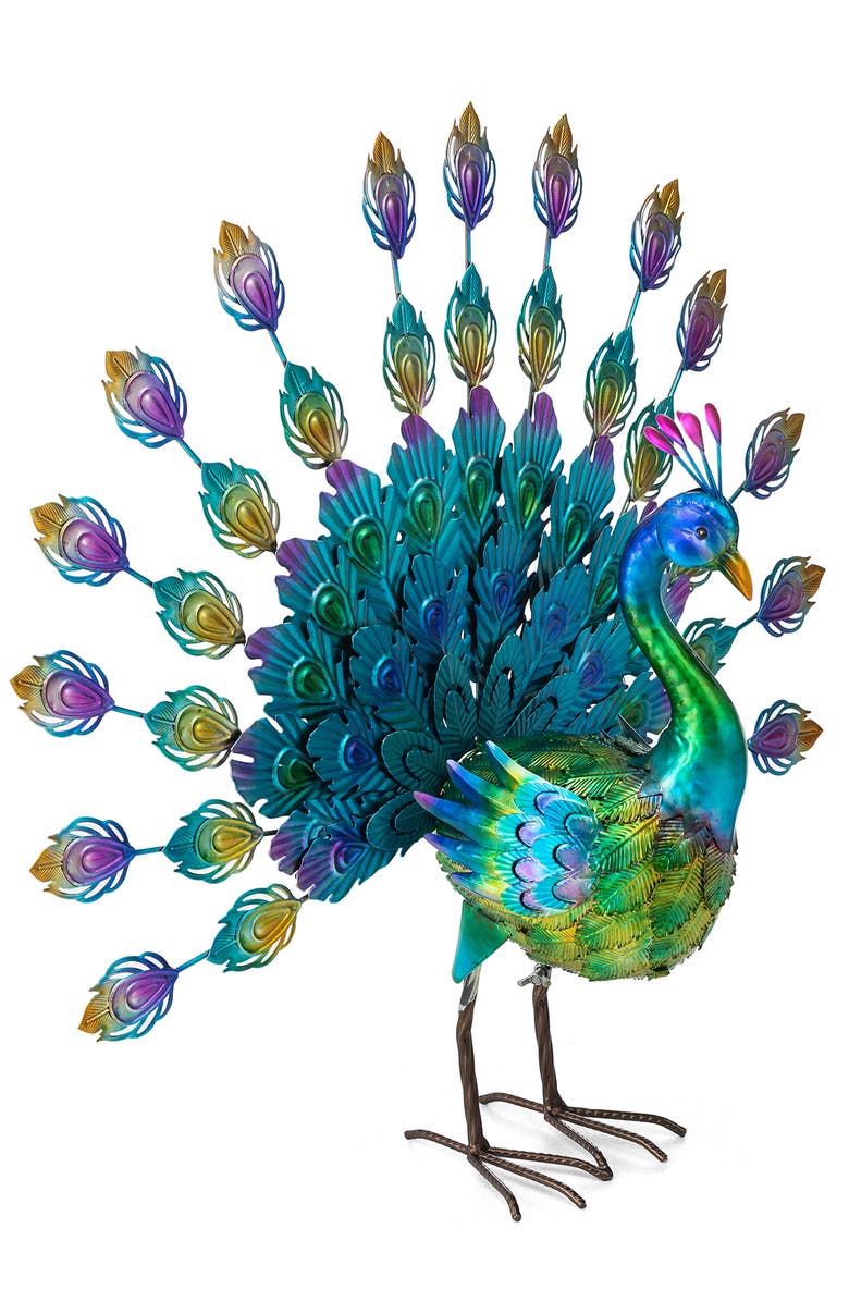 Glitzhome 28.75"W Metal Peacock Tail Spread Garden Statue with Stakes, Alternate, color, Blue
