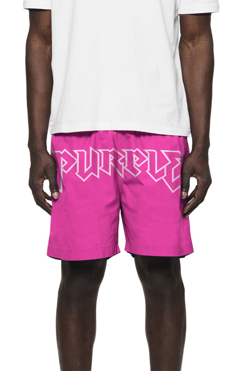 PURPLE BRAND Wordmark All Around Performance Shorts, Main, color, 