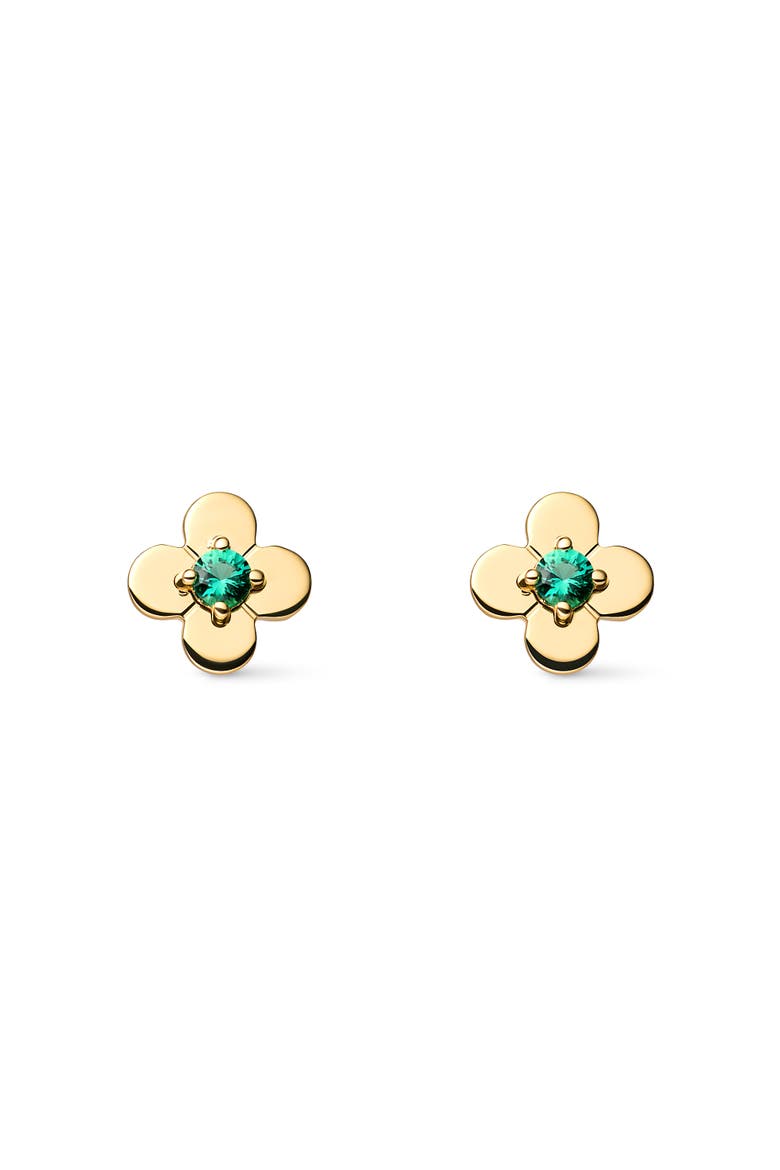 Solid Yellow Gold - Mini Flower Studs, Main, color, Emerald