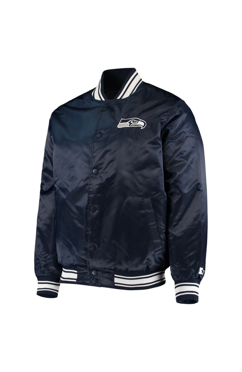 STARTER Men's Starter College Navy Seattle Seahawks Locker Room Satin Varsity Full-Snap Jacket, Alternate, color,
