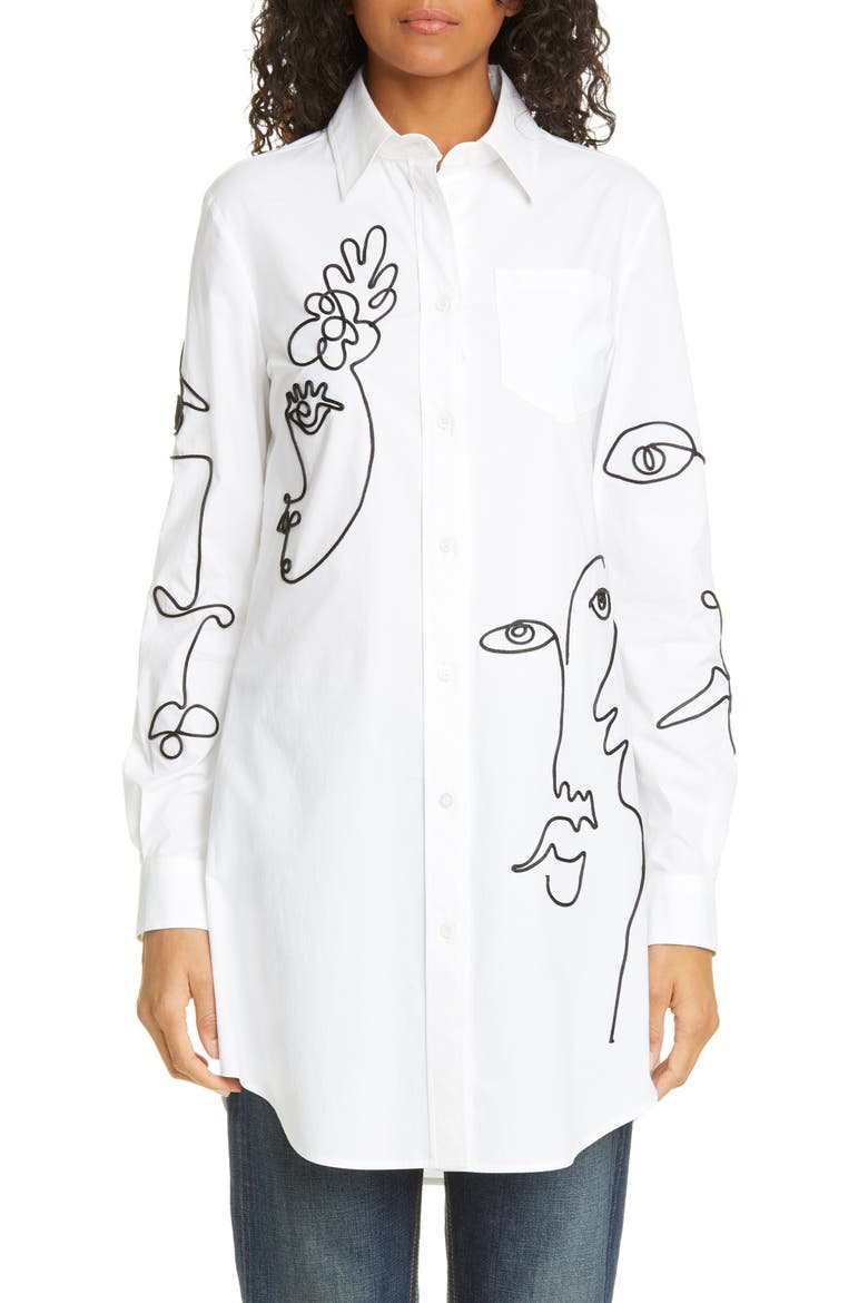 Face Embroidered Cotton Poplin Shirt, Main, color, 1001 WHITE