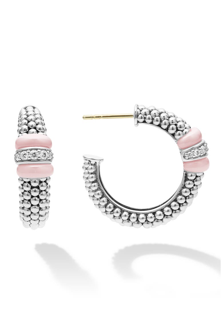 Pink Caviar Diamond Hoop Earrings, Alternate, color, SILVER