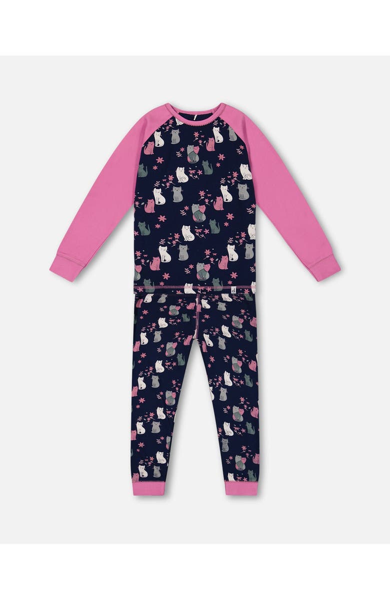 Deux par Deux Little Girl's Organic Cotton Two Piece Pajama Set Navy Printed Cats, Main, color, 
