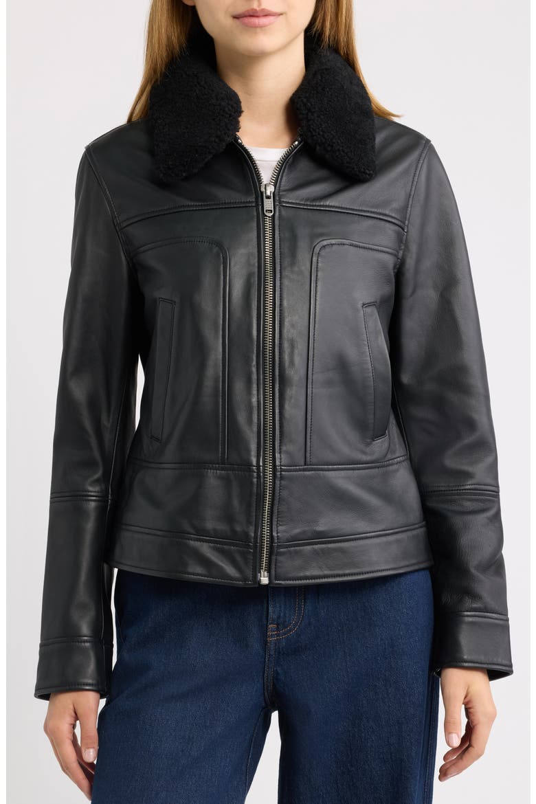 Nappa Leather Jacket with Faux Shearling Collar, Alternate, color, BLACK