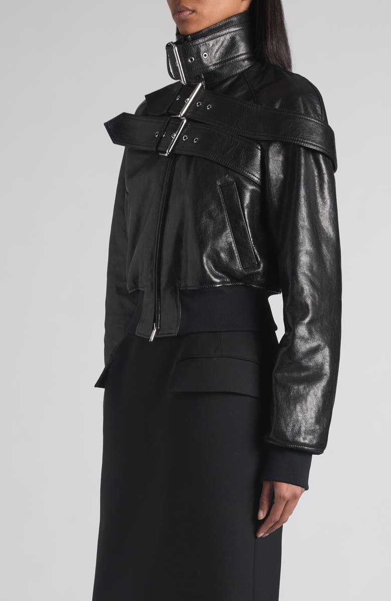 McQueen Belt Detail Lambskin Leather Bomber Jacket, Alternate, color, Black