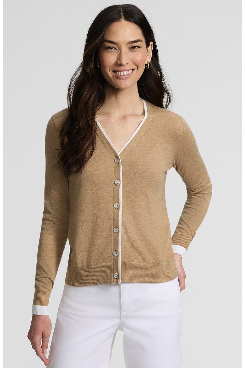 Double Trim Cotton V Neck Cardigan Sweater, Main, color, Vicuna Heather/White