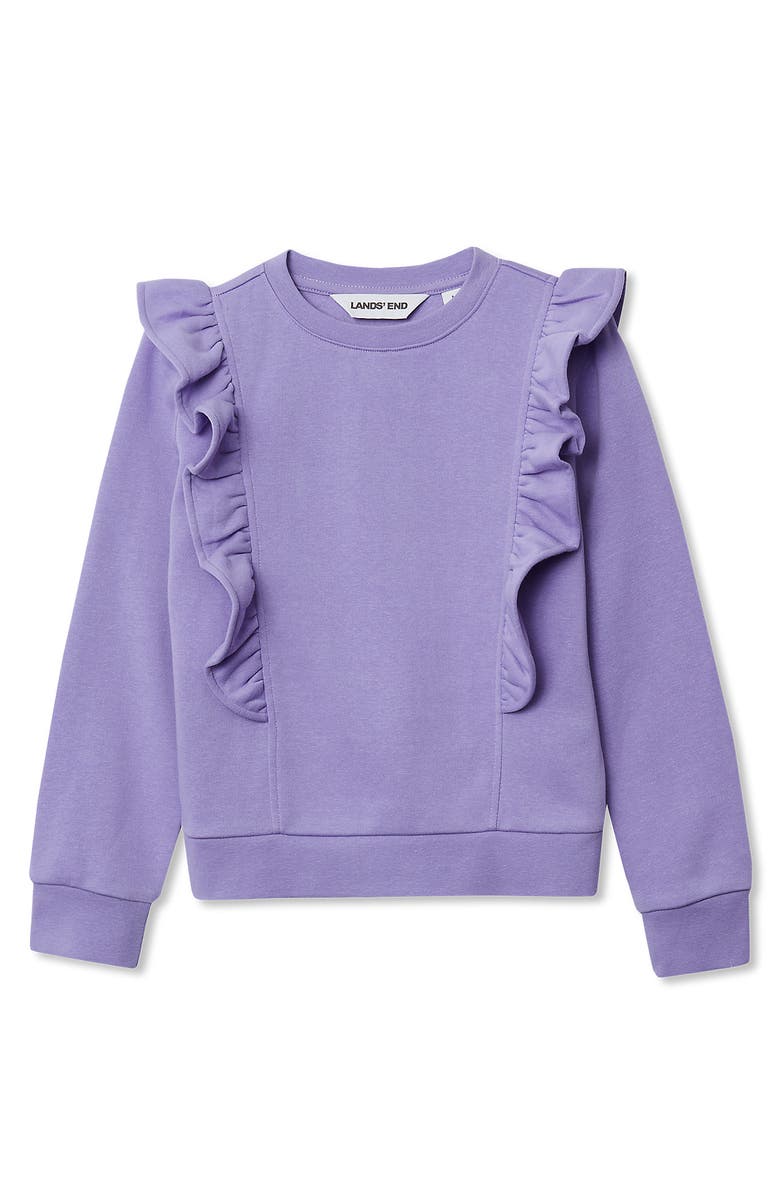 Lands' End Girls Long Sleeve Cozy Fleece Ruffle Sweatshirt, Main, color, Verbena