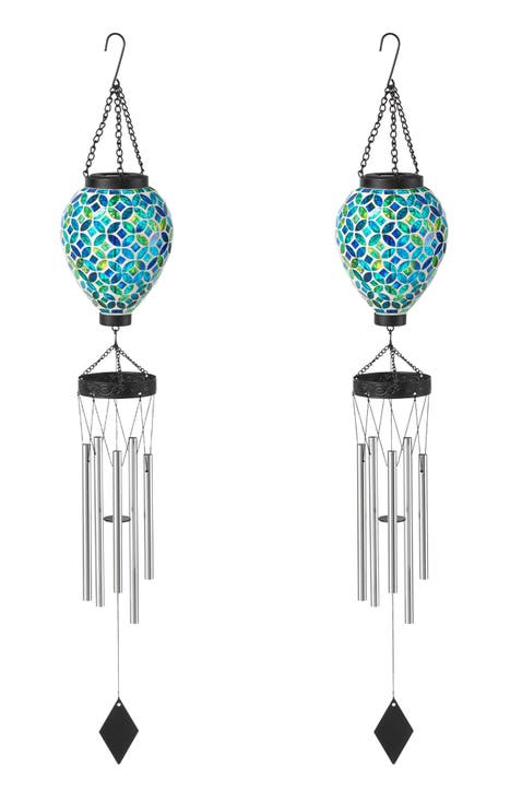 Set of 2 37"H Solar Lighted Metal and Glass Mosaic Windchime
