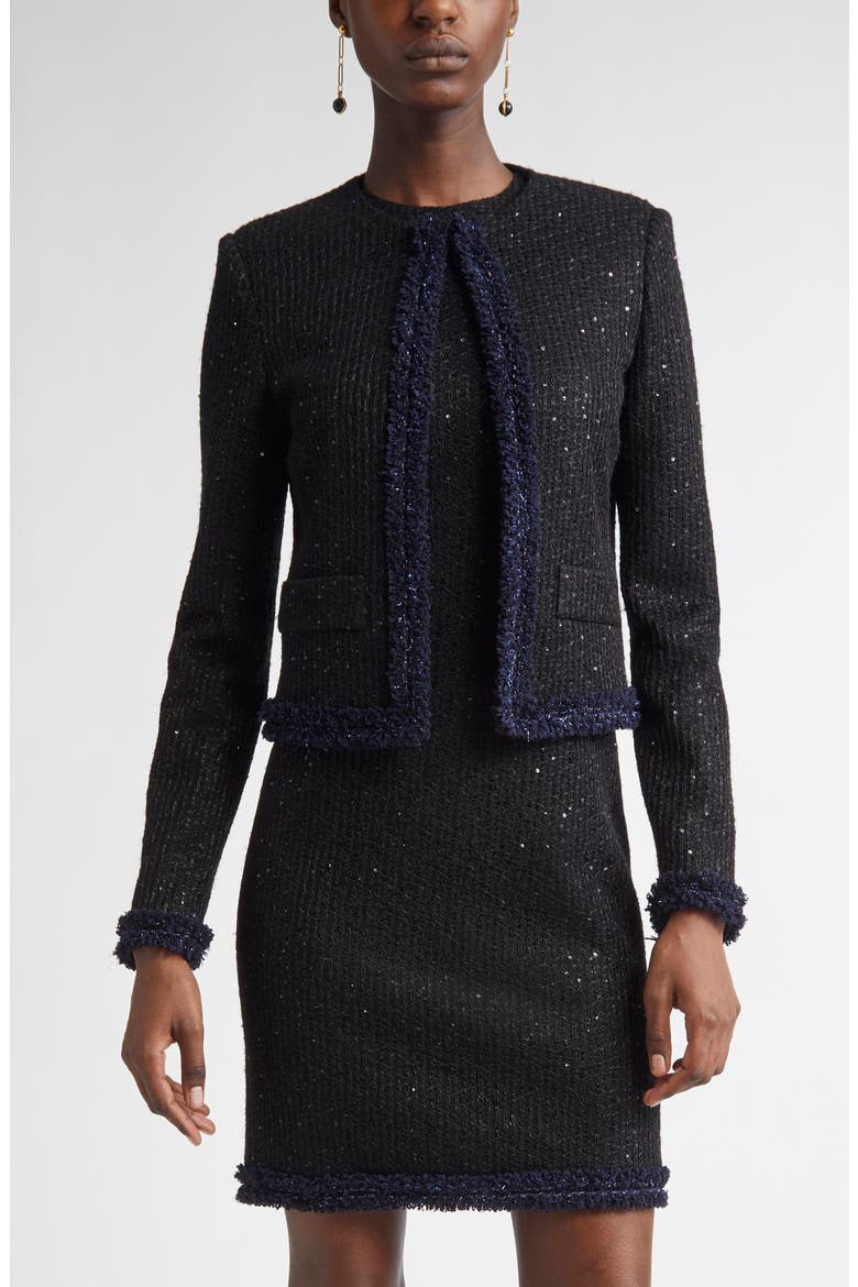 Sequin Tweed Knit Jacket, Main, color, BLACK/ NAVY
