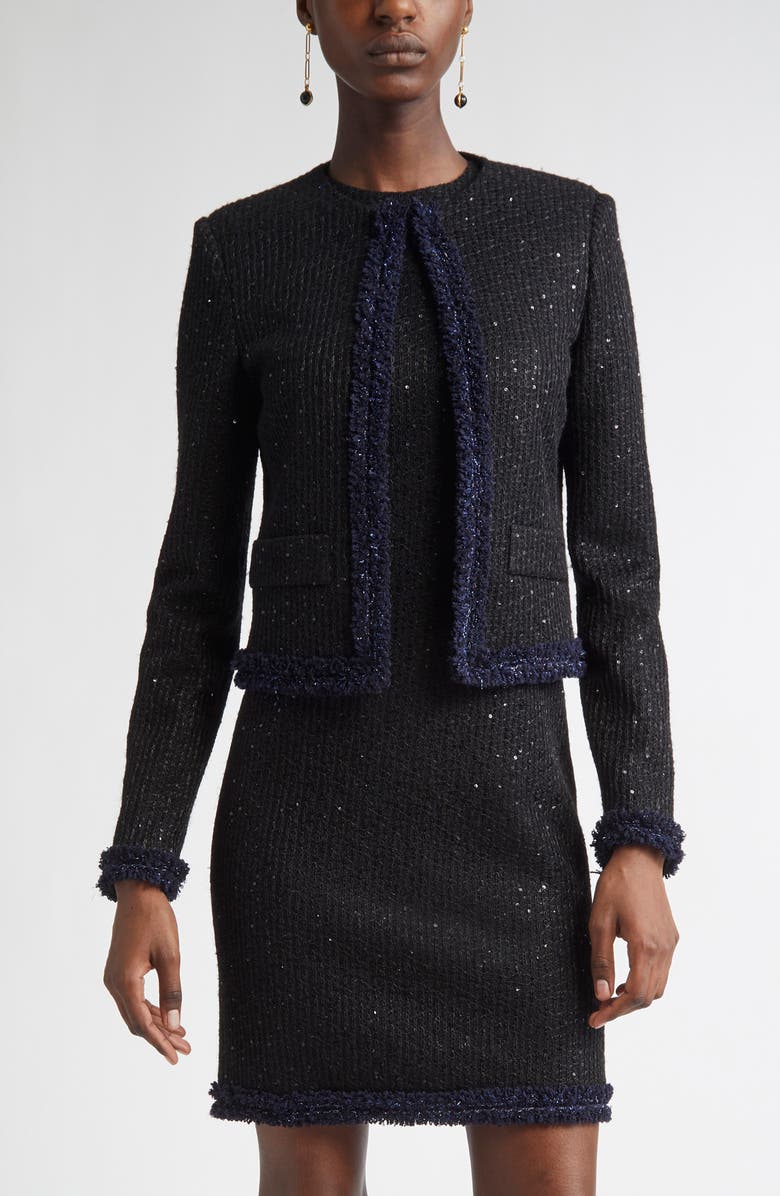 ST. JOHN Sequin Tweed Knit Jacket, Main, color, Black/ Navy