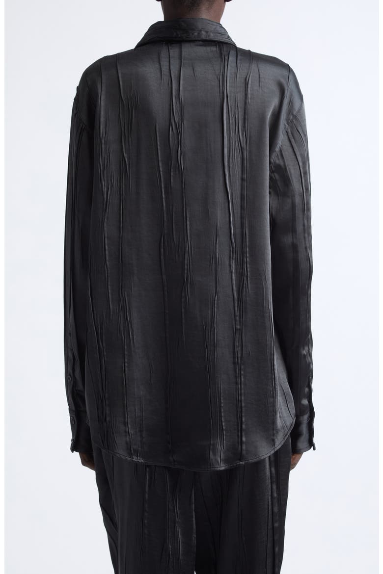 Oversize Crinkled Satin Button-Up Shirt, Alternate, color, BLACK