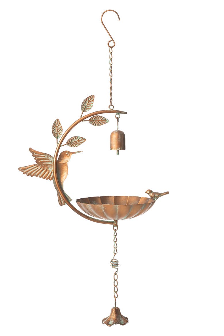 25"H Metal Faux Copper Patina Finish Hummingbird Hanging Birdfeeder, Alternate, color, Gold