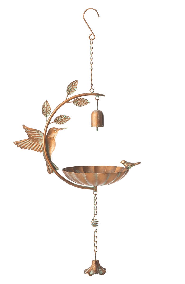 Glitzhome 25"H Metal Faux Copper Patina Finish Hummingbird Hanging Birdfeeder, Alternate, color, Gold