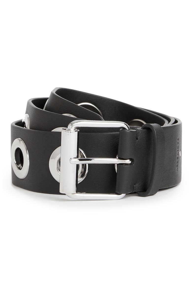 Large Grommet Leather Belt, Alternate, color, BLACK/ SHINY NICKEL