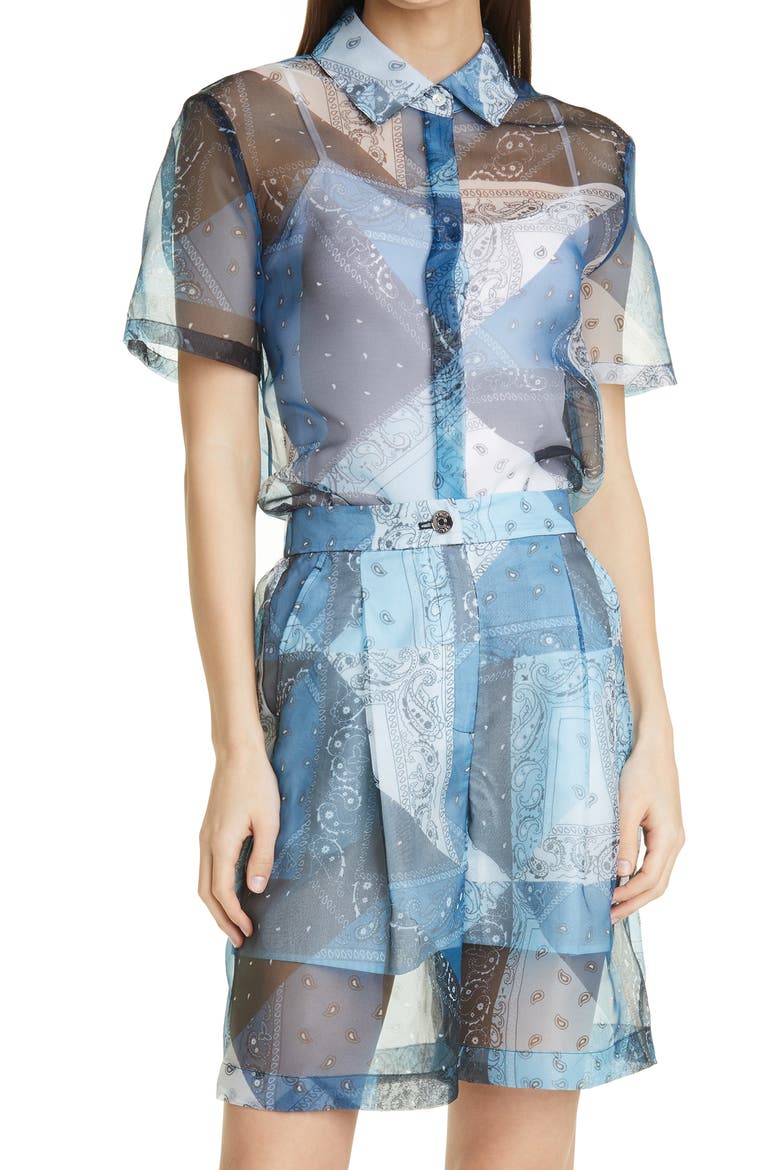 Pallas Bandana Print Patchwork Short Sleeve Button-Up Shirt, Main, color, PATCHWORK BANDANA CAPRI