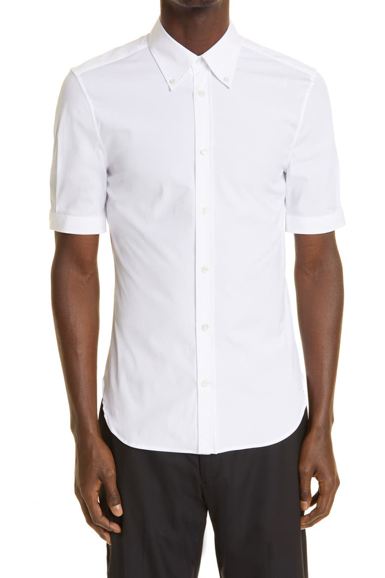 Alexander McQueen Short Sleeve Cotton Stretch Poplin Button-Down Shirt, Main, color, WHITE