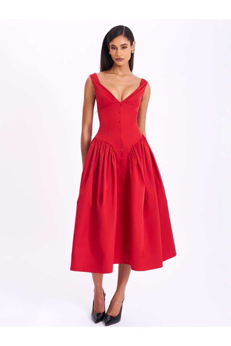 Nahla Drop Waist Midi Dress with Buttons, Alternate, color, Red