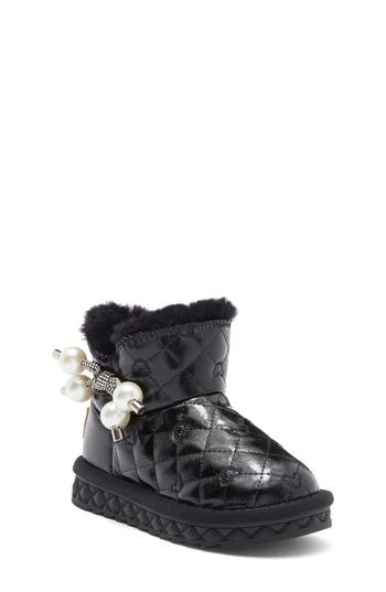 Doe A Dear Kids' Rhinestone Faux Pearl Faux Fur Trim Boot In Black