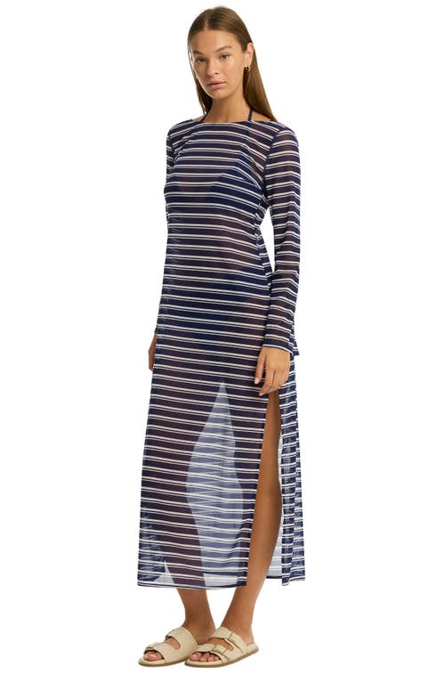 Sea Level Biarritz Long Sleeve Multifit Mesh Cover-up Dress In French Navy