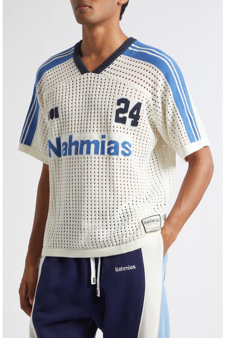 24 Oversize Cotton Pointelle V-Neck Soccer Jersey, Alternate, color, EGG WHITE