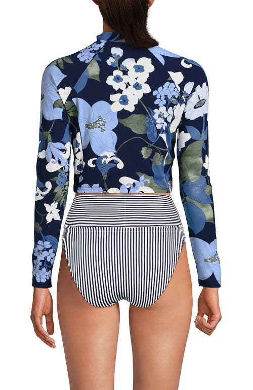 Lands' End Long Sleeve Mock Neck Cropped Upf 50 Sun Protection Rash Guard In Deep Sea Navy Lilies