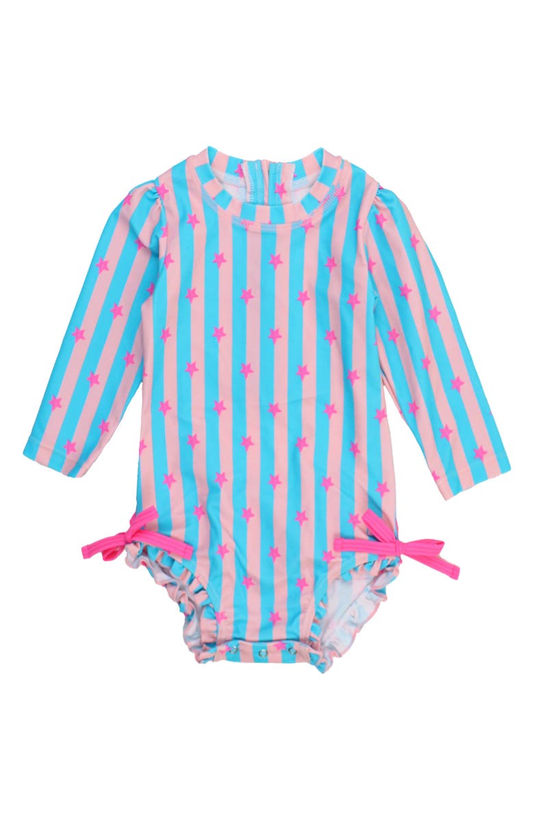 RuffleButts Neon Star Party Long Sleeve Ruffle One-Piece Swimsuit, Main, color, Pink