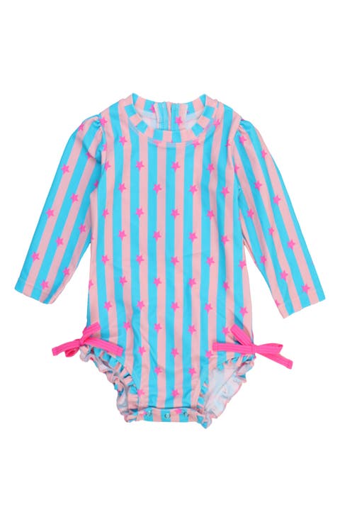 Neon Star Party Long Sleeve Ruffle One-Piece Swimsuit (Baby)