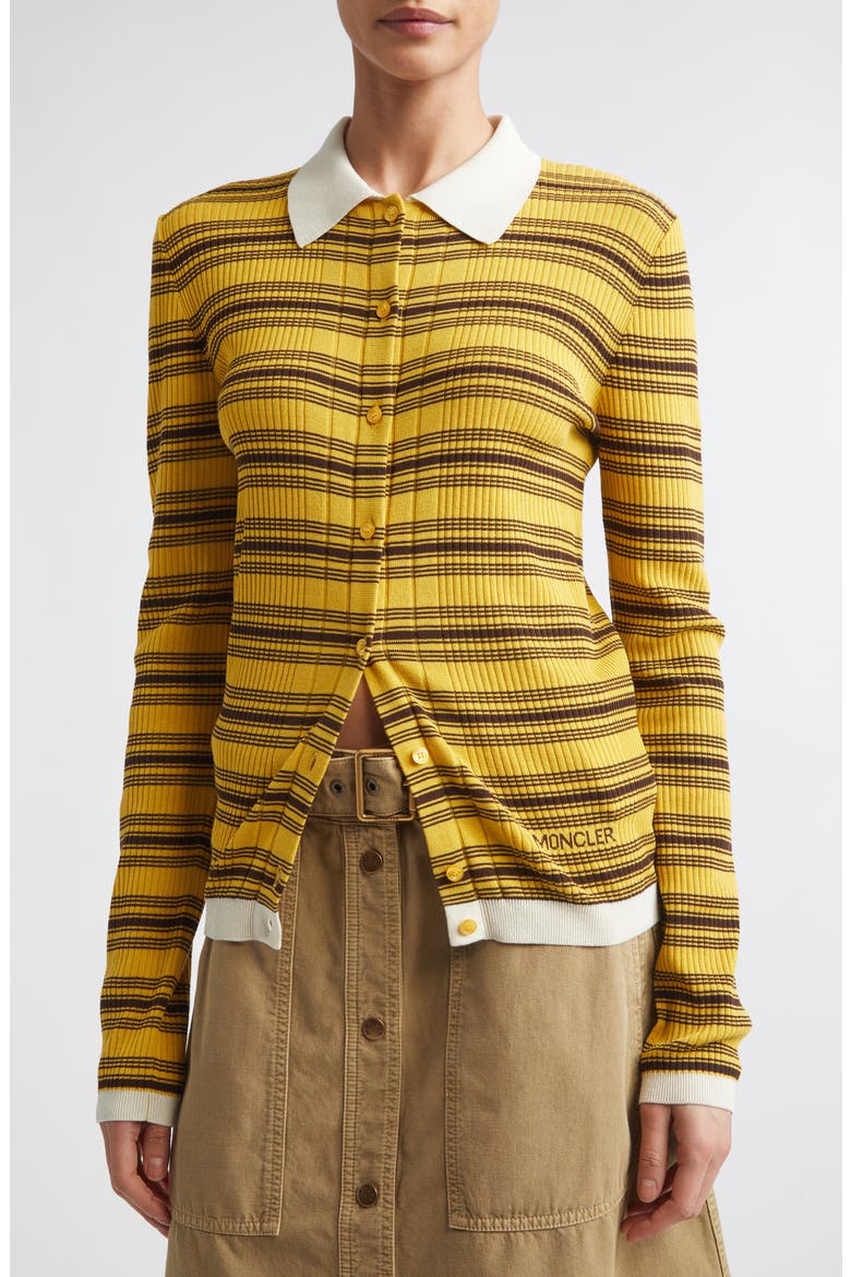 Stripe Fitted Rib Cotton Cardigan, Alternate, color, YELLOW/ BROWN