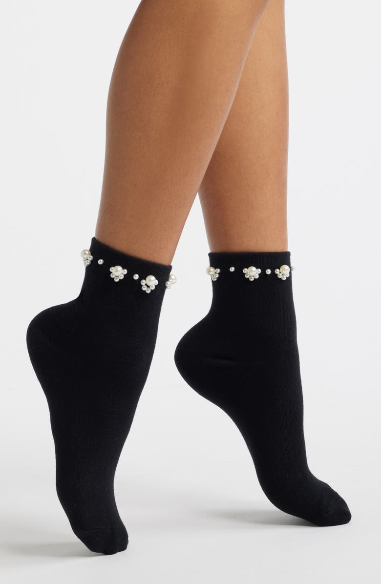 Stems Faux Pearl Embellished Quarter Socks, Main, color, Black