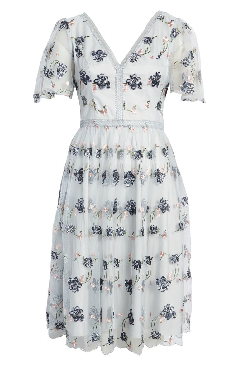Floral Embroidered Tulle Cocktail Dress, Alternate, color, BLUE