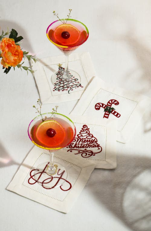 Tiramisu Embroidered Set Of 4 Holiday Cocktail Napkins In White