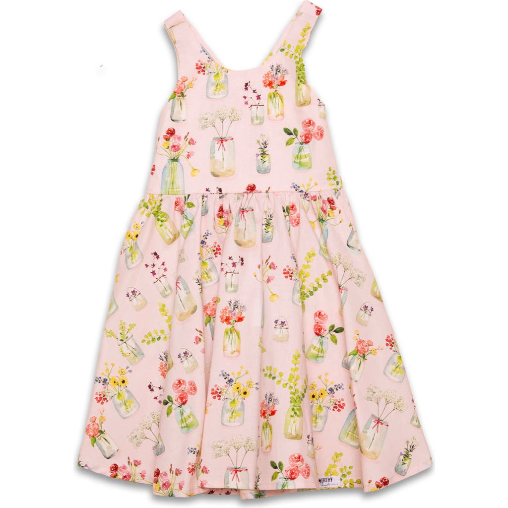 WORTHY THREADS Girls Cross Back Woven Dress in Pink Plants  product