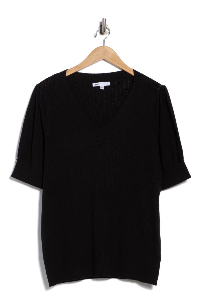 V-Neck Short Sleeve Pointelle Sweater, Alternate, color, P469 BLACK