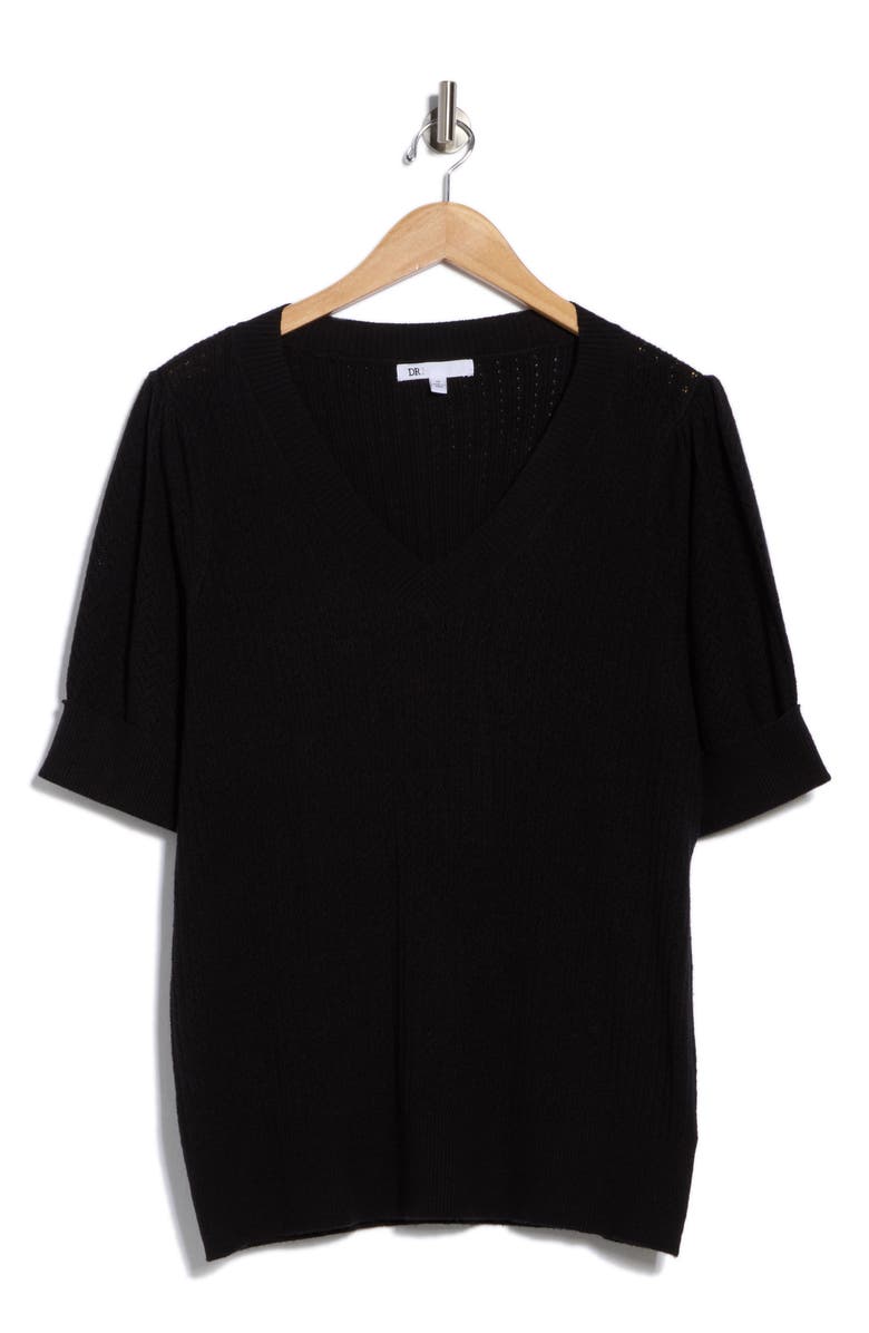 DR2 by Daniel Rainn V-Neck Short Sleeve Pointelle Sweater, Alternate, color, Black