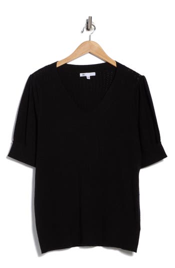 Dr2 By Daniel Rainn V-neck Short Sleeve Pointelle Sweater In Black