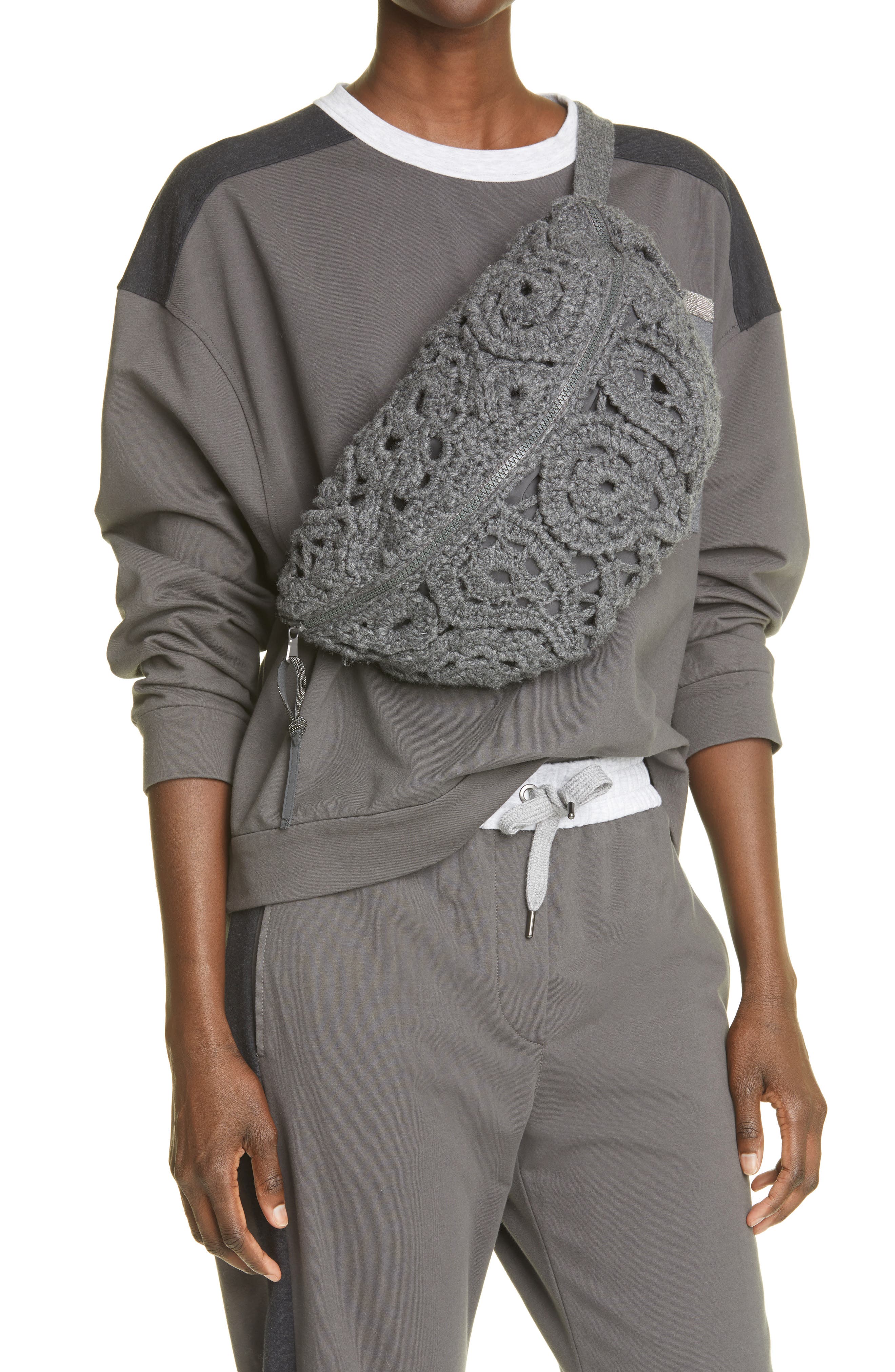 Brunello Cucinelli Crochet Paisley Cashmere Belt Bag, Alternate, color, 