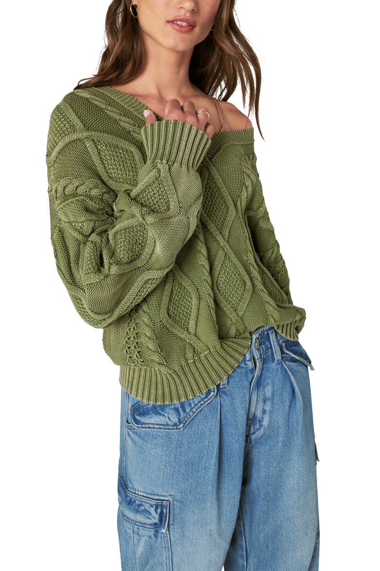 Cable Stitch V-Neck Sweater, Alternate, color, CAPER GREEN AW