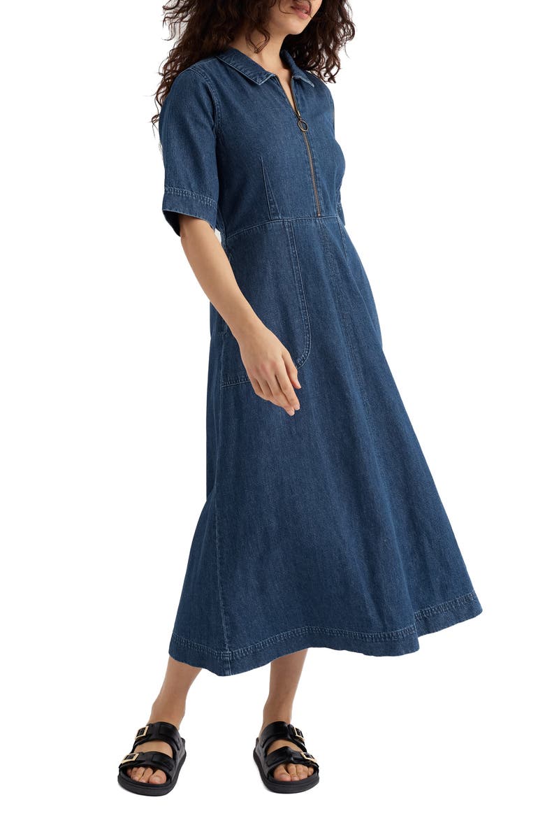 Gwenter Cotton & Linen Dress, Main, color, MID WASH
