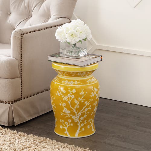 Jonathan Y Cherry Blossom 17.75" Ceramic Garden Stool In Yellow/white