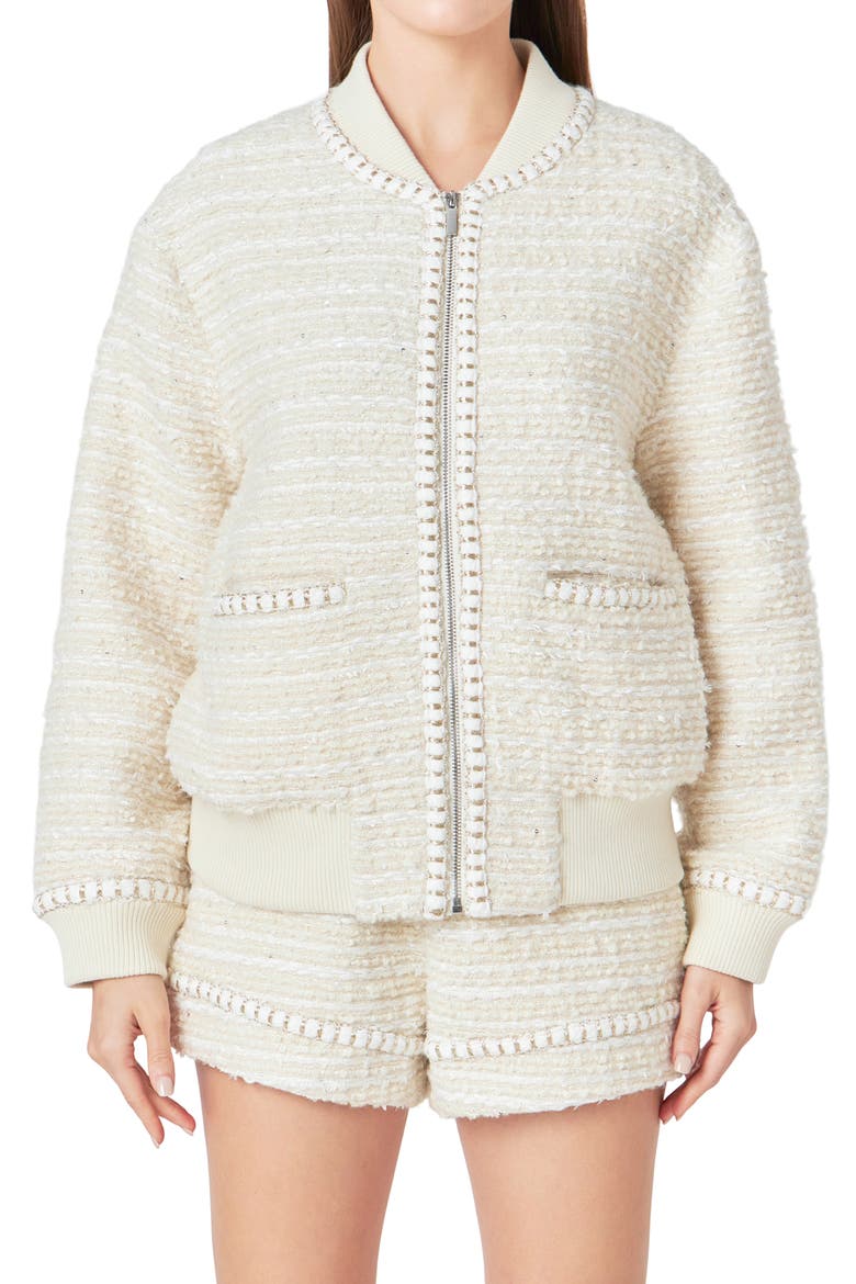 Metallic Thread Detail Tweed Bomber Jacket, Main, color, IVORY