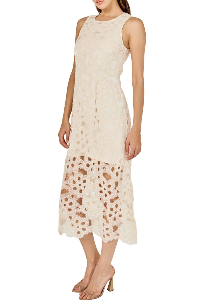 Pearl Floral Lace Midi Dress, Alternate, color, CREAM