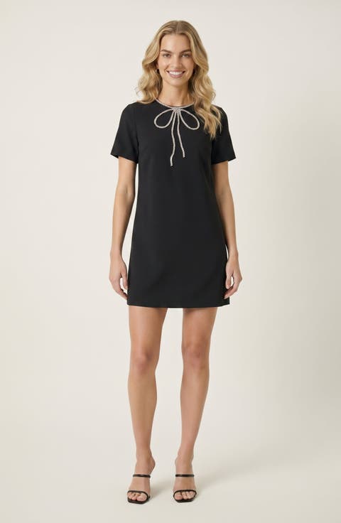 Rhinestone Bow Detail Short Sleeve Mini Dress