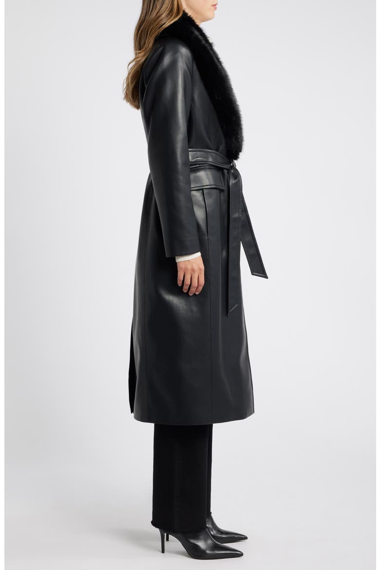 Belted Faux Leather Coat with Faux Fur Collar, Alternate, color, BLACK