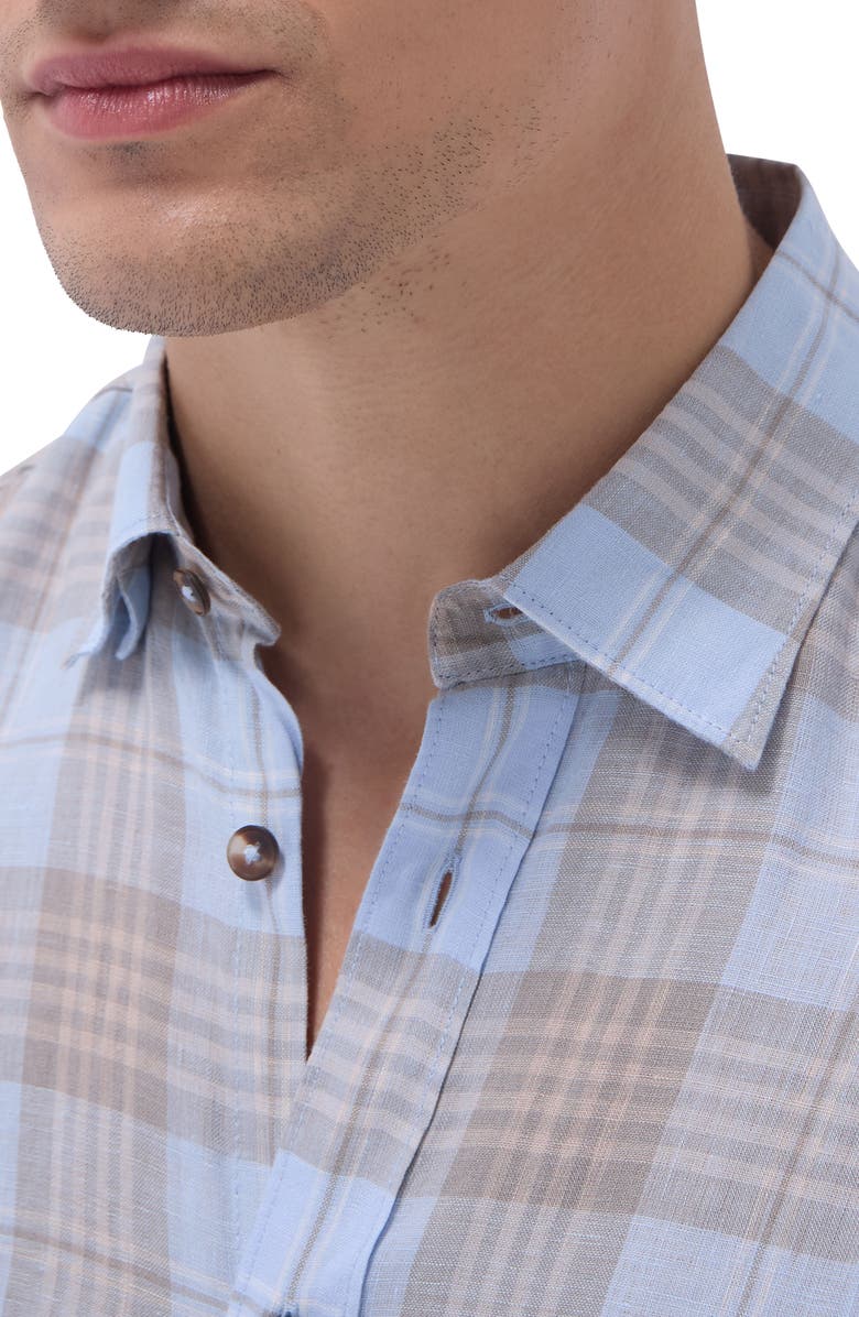 Bugatchi Julian Plaid Slub Linen Button-Up Shirt, Alternate, color, Sky