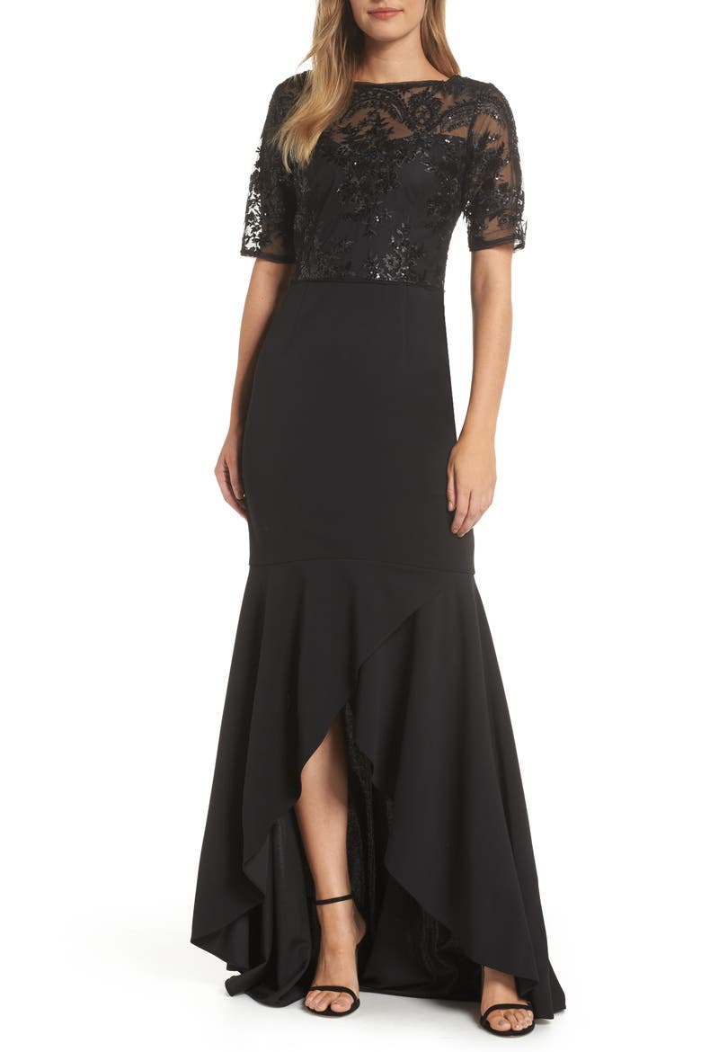 Sequin High/Low Gown, Main, color, BLACK