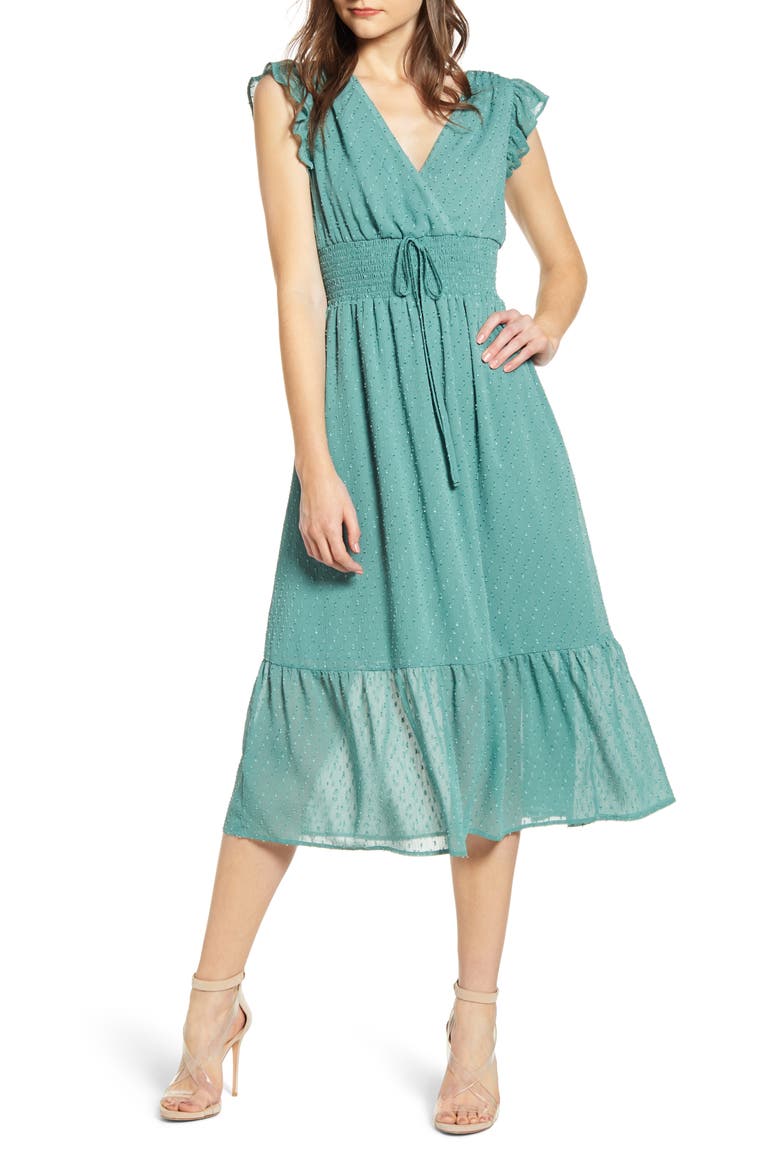Smock Waist Ruffle Sleeve Cotton & Linen Dress, Main, color, GREEN