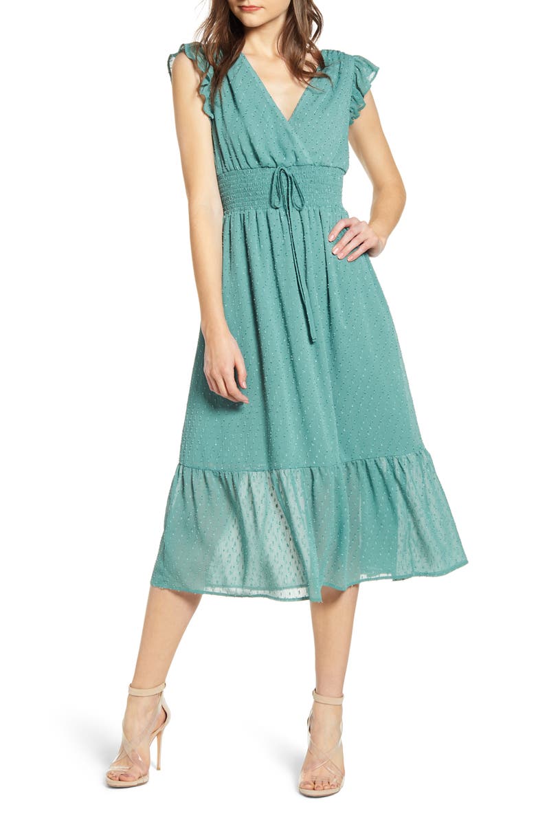 English Factory Smock Waist Ruffle Sleeve Cotton & Linen Dress, Main, color,