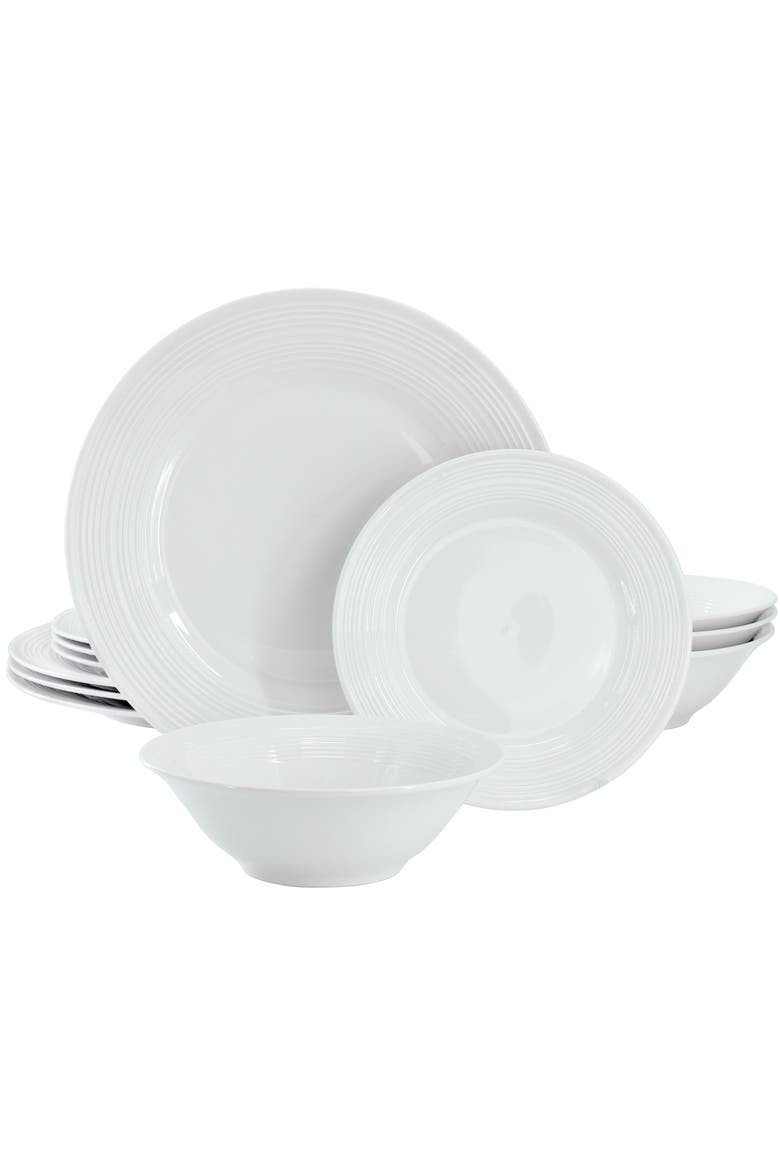 Everyday Embossed 12 Piece Round Ceramic Dinnerware Set, Main, color, White